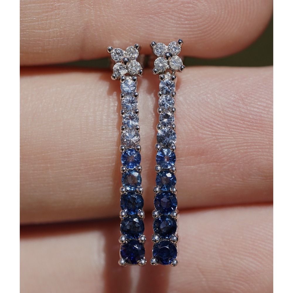 Modern 14k Solid Gold Natural Dangle Drop Sapphire & Diamond Earrings - Journey